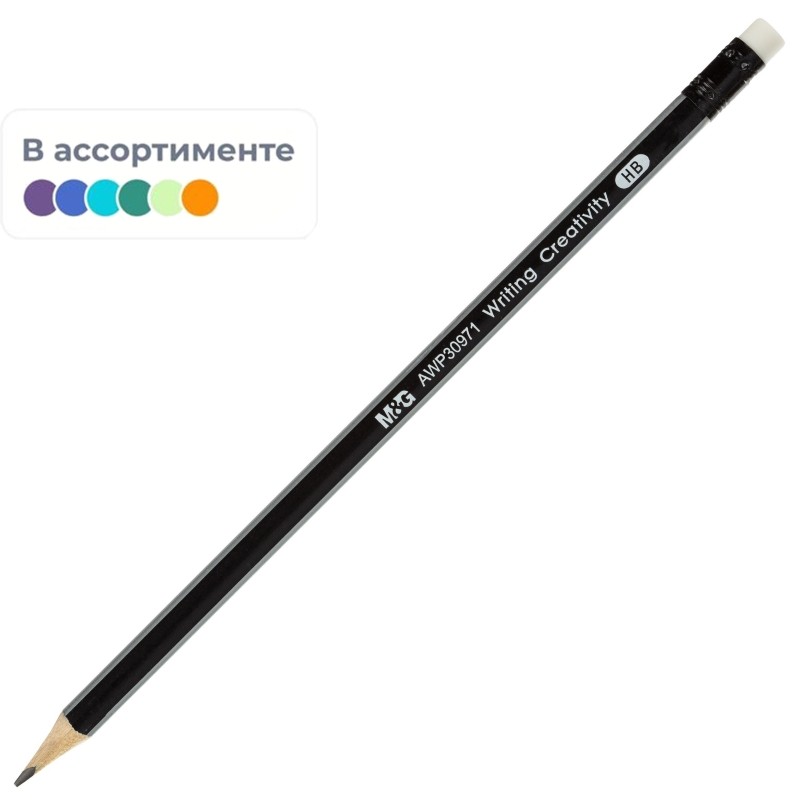 Карандаш чернографитный M&amp;G HB дерев, заточ, трехгр, с ласт, в асс AWP30971