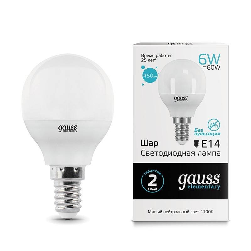 Лампа светодиодная Gauss LED Elementary Шар 6Вт E14 450Лм 4100K (53126)