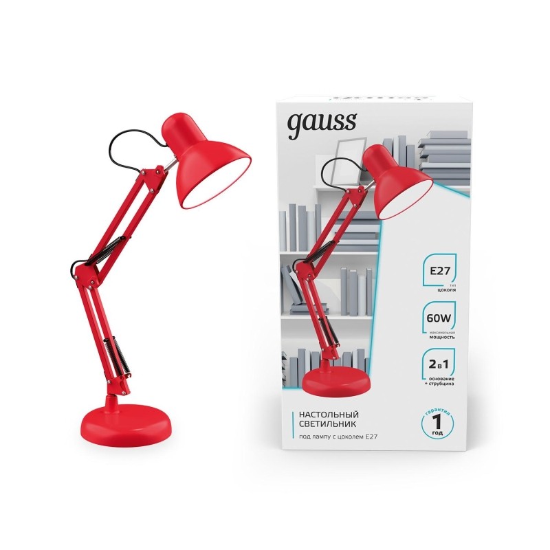 Светильник Gauss GTL002, 60W 220-240V E27 красный струбцина и основание