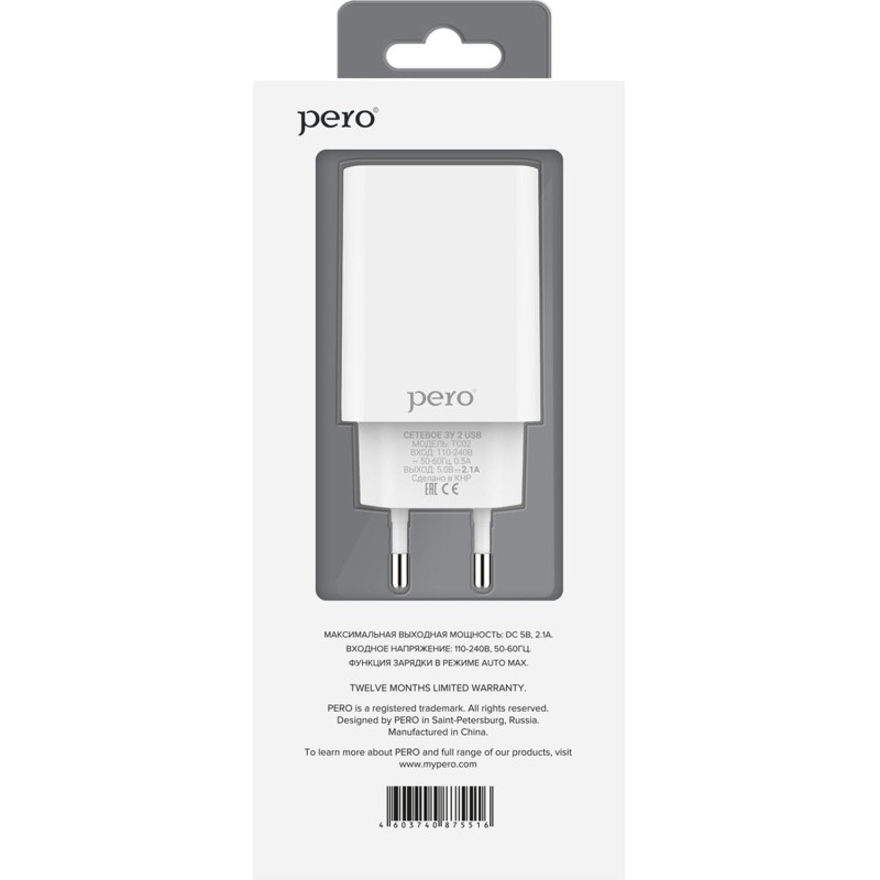 Зарядное устройство сетевое PERO TC02 2USB 2.1A белый