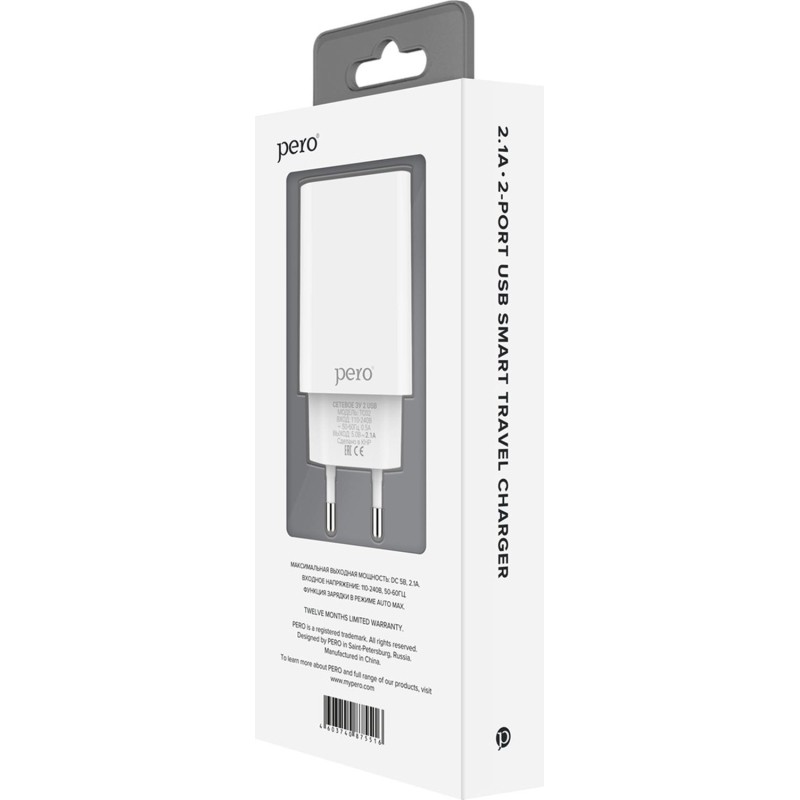 Зарядное устройство сетевое PERO TC02 2USB 2.1A белый