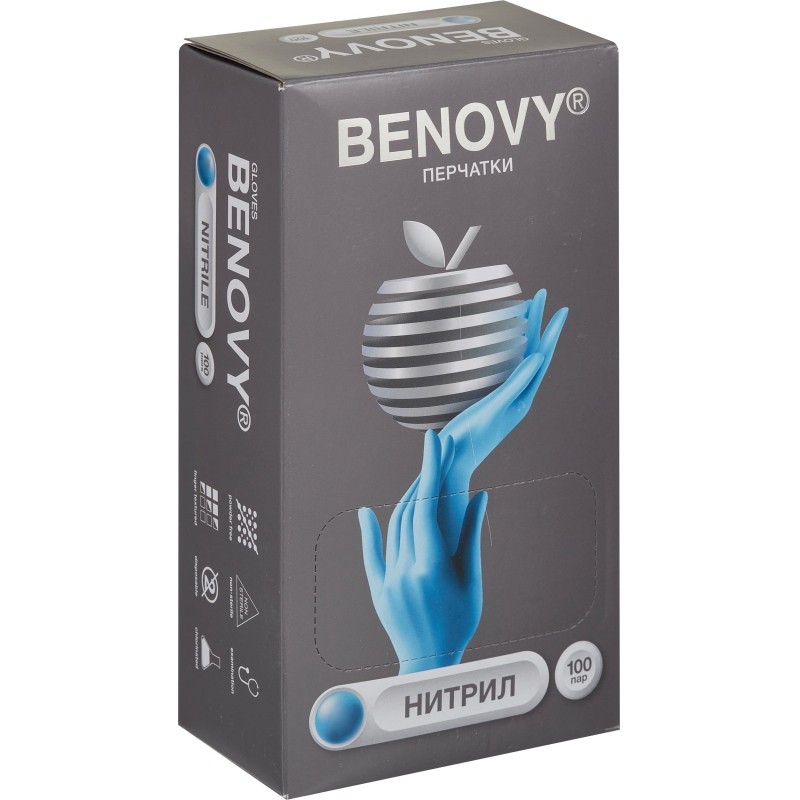 Перчатки нитрил., нестер., н/о, голубой Benovy (L) 100пар/уп