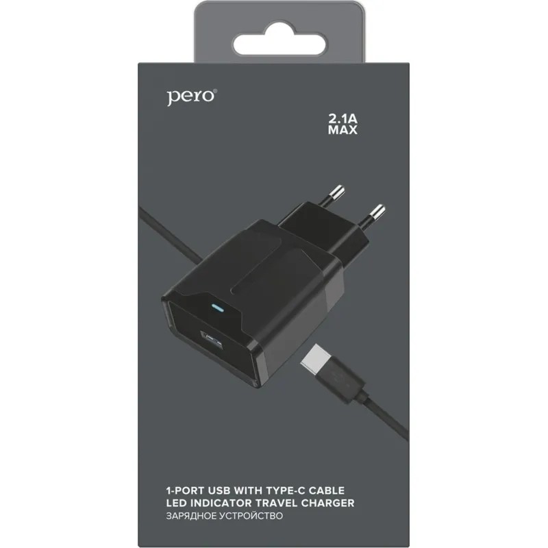 Зарядное устройство сетевое PERO TC04 1USB 2.1A + TYPE-C CABLE черный