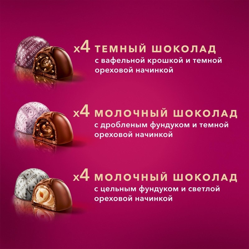 Конфеты А.Коркунов ассорти темн и молоч шок с фундук и ваф крошкой, 110г