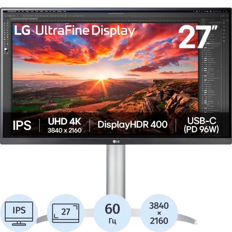 Монитор LG 27 27UP850K-W IPS 4K  HDMI DP USB M/M HAS 60Hz 400cd Ex