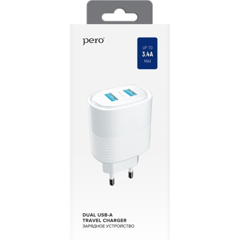 Зарядное устройство сетевое PERO TC08 AUTO MAX 2USB 3.4А белый