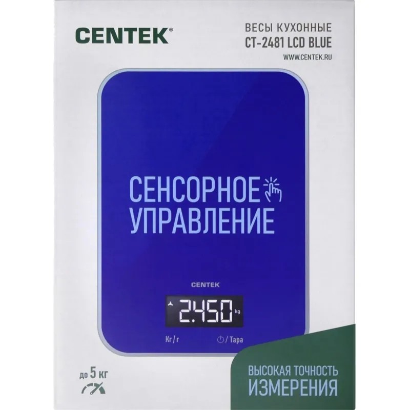 Весы Centek CT-2481 LCD BLUE,кухонные,150х15х205мм, max 5кг, шаг 1г
