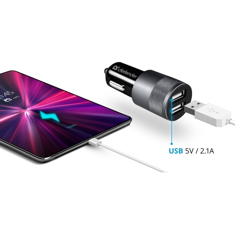 Зарядное устройство автомобильное Defender UCA-21 2USB, 5V/2.1A (83821)
