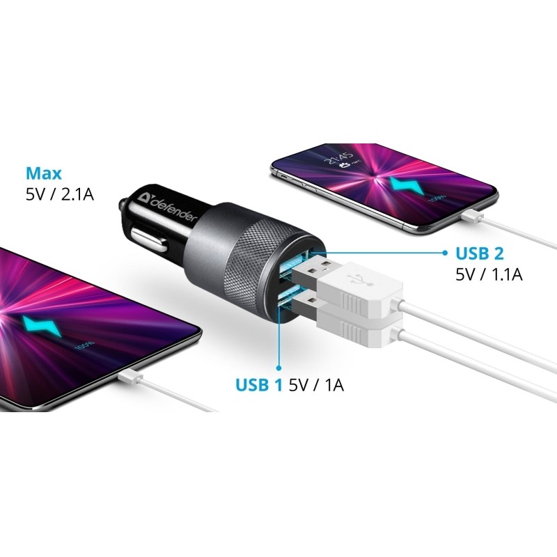 Зарядное устройство автомобильное Defender UCA-21 2USB, 5V/2.1A (83821)