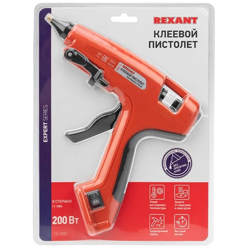 Пистолет клеевой 200Вт, Ø11мм, ЭКСПЕРТ, блистер REXANT