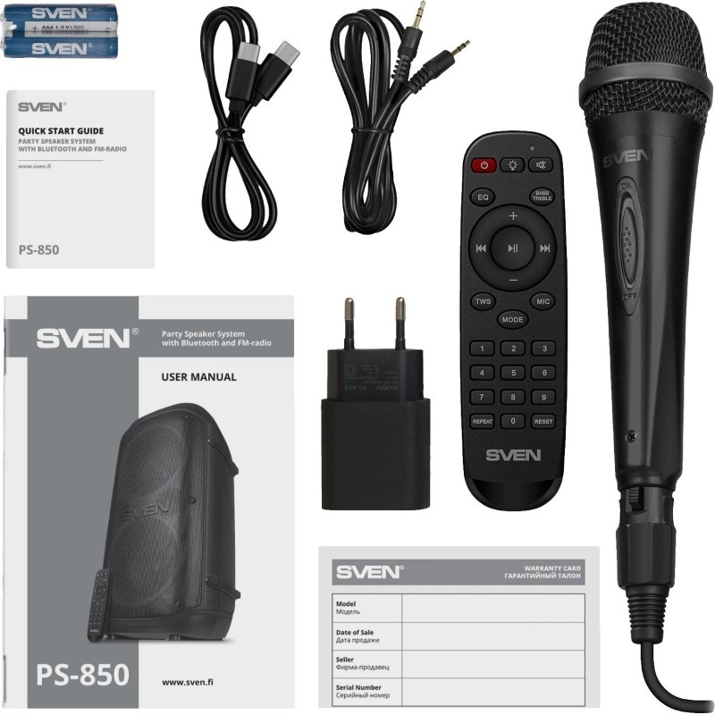 Акустическая система Sven PS-850, 2x50Вт (RMS), BT/FM/USB/SD, мкф, аккум