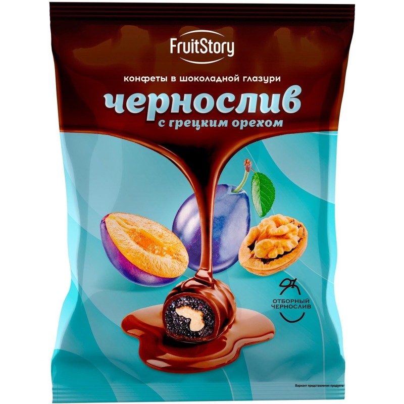 Конфеты Fruitstory чернослив с грец. орехом в темн.шоколаде глазирован 500г