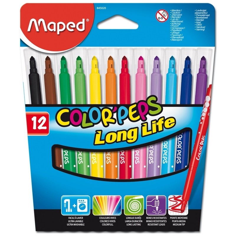 Фломастеры Maped COLOR&#039;PEPS LONG LIFE,3хгр.пиш.узел,смываем,12цв/наб,845020