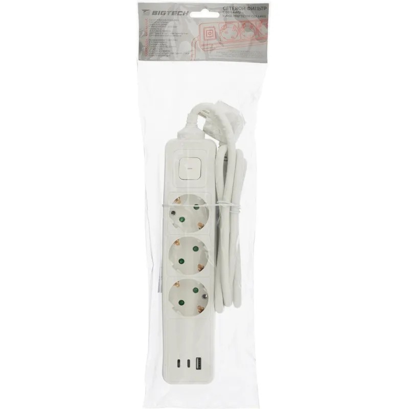 Сетевой фильтр BigTech CD3-1,4WU (3р/1,4м/USB-C/USB-A/16А/3680Вт белый)