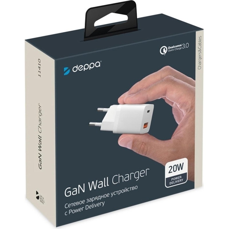 Зарядное устройство сетевое Deppa USB-C+USB-A, PD 3.0, QC 3.0, 20Вт, белый