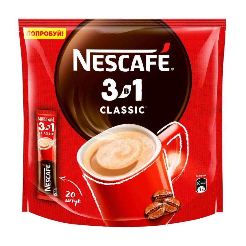 Кофе Nescafe 3 в 1 Классик раств., пакет, 20штx14,5г