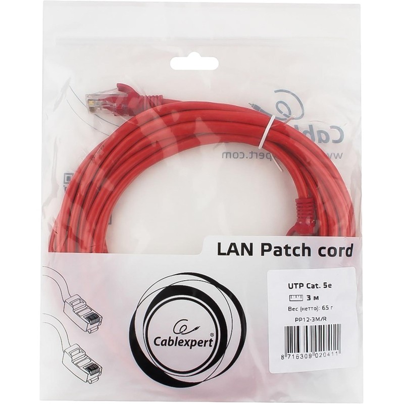 Патч-корд UTP Cablexpert PP12-3M/R кат.5e, 3м, красный