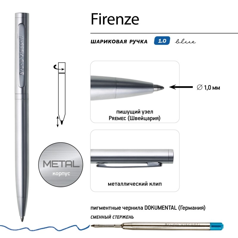 Ручка шариковая BV FIRENZE 1мм син кор серебрн,тубус прямоуг сер 20-0302/03