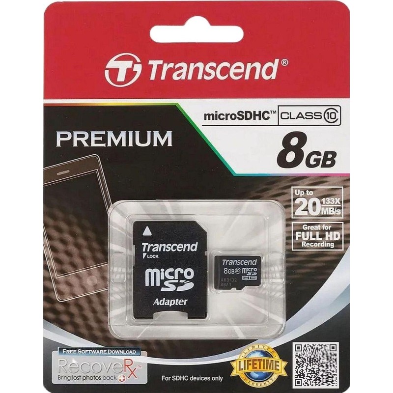 Карта памяти Transcend Premium microSDHC 8Gb UHS-I Cl10 +ад, TS8GUSDHC10