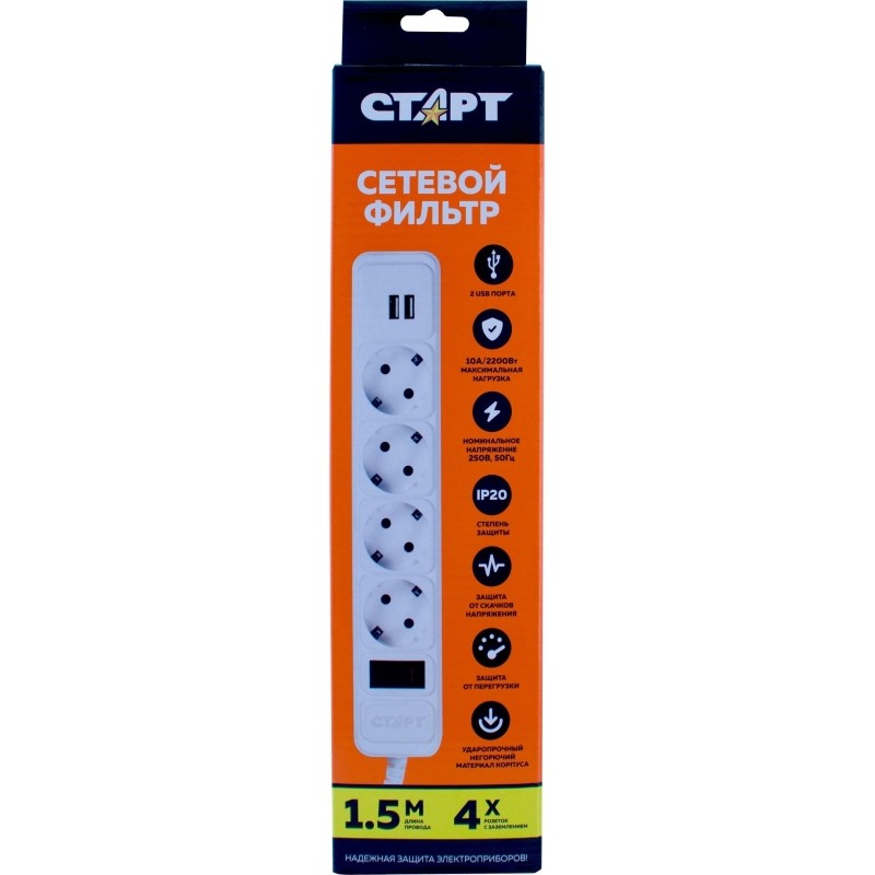 Сетевой фильтр СТАРТ С/УД-Ф SP 4x1 2USB ZVT 4р/1,5м 10А/2200Вт белый