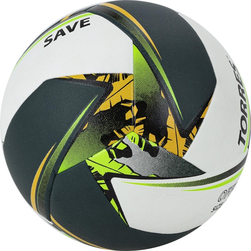 Мяч вол. трен. TORRES Save, V321505, р.5, мягкая синт.кожа 12п бел-зел-жел