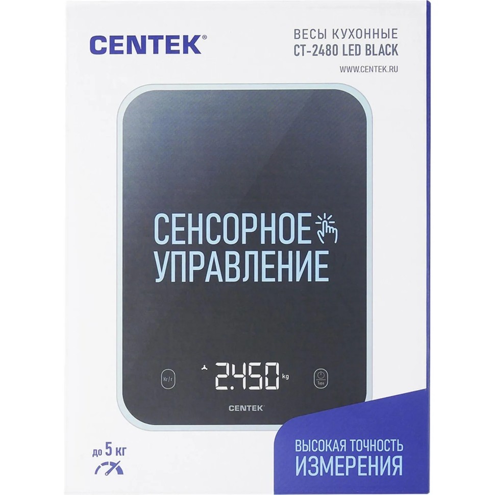 Весы кухонные Centek CT-2480 LED BLACK,150х15х205мм,max 5кг,шаг 1г